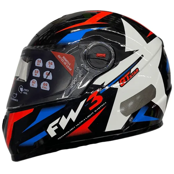 Capacete FW3 GTX Star Preto, Azul e Vermelho